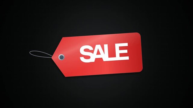 Flat design motion graphics animation of hanging retail price tags swinging gently with bold sale text and discount offers. Ideal for e-commerce promotions and seasonal shopping events.