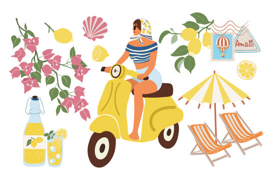 A flat vector set of Amalfi Coast essentials. Includes girl on scooter, limoncello bottle, striped beach loungers with umbrella, bougainvillea branch, lemon branch, seashell, and Amalfi postage stamp.