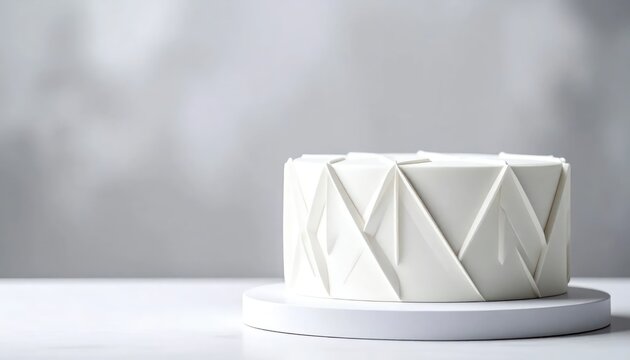 Elegant white textured cake with modern geometric surface design.