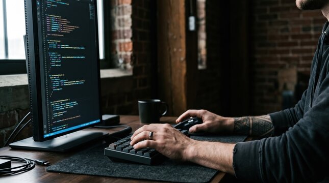 Programmer with forearm tattoos typing code on mechanical keyboard in dark office for software development and web engineering projects