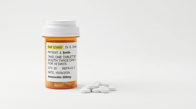 Prescription medicine bottle with amoxicillin tablets isolated on a clean white background studio shot