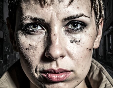Determined Young Woman with Dirty Face Staring in Dark Urban Alley