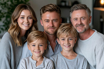 Fototapeta premium Family poses together smiling in a cozy indoor setting with natural light