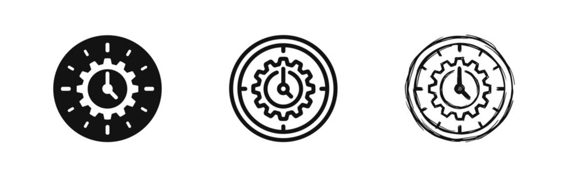 Time Management Settings Icon. Productivity and Efficiency Gear Clock Glyph.