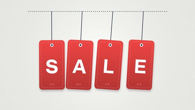 Flat design motion graphics animation of hanging retail price tags swinging gently with bold sale text and discount offers. Ideal for e-commerce promotions and seasonal shopping events.