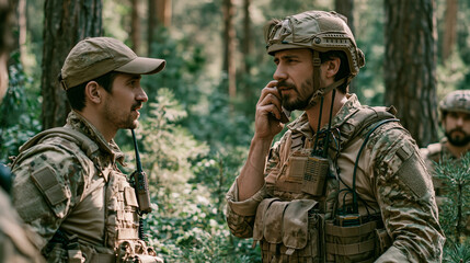 Fototapeta premium Soldiers communicate during training in a forest setting on a sunny day