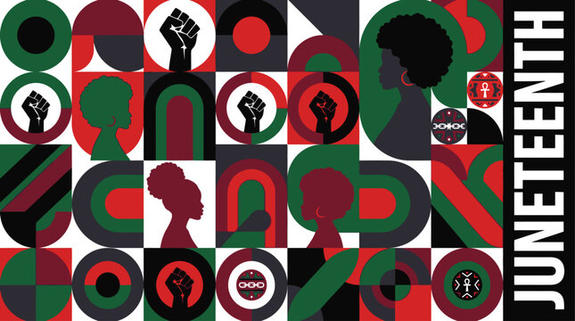 Juneteenth celebration with diverse silhouettes and symbols in a colorful mosaic pattern