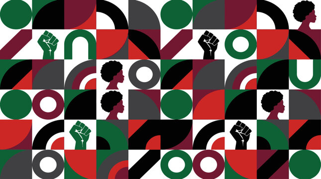 Geometric Pattern Design Featuring Afrocentric Symbols of Unity and Empowerment in Red Green Black and White Colors