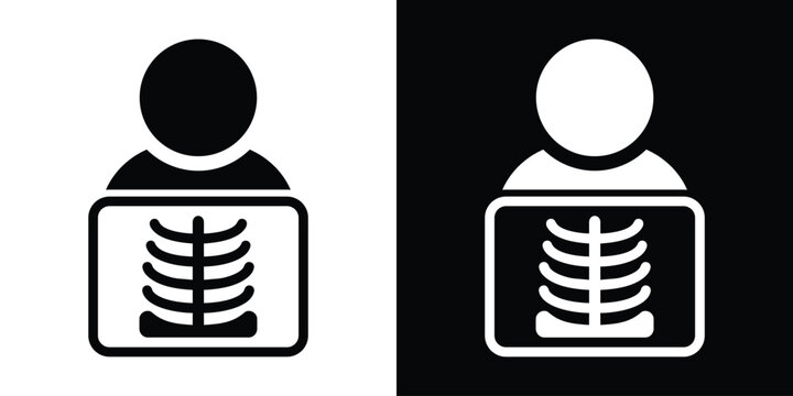Patient avatar silhouette behind a chest x-ray scan plate icon. Minimalist medical imaging and diagnostics concept in black and white.