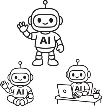 Artificial intelligence robot logo design with clear isolated background, vector illustration of AI mascot with friendly face in multiple poses sitting at desk with computer, technology concept design