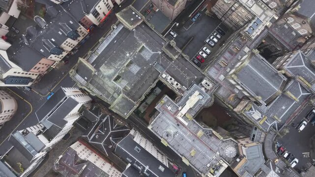 Aerial View Drone shot of Royal Mile, Edinburgh Castle, Old Town, Scott Monument, Edinburgh,  Scotland, United Kingdom