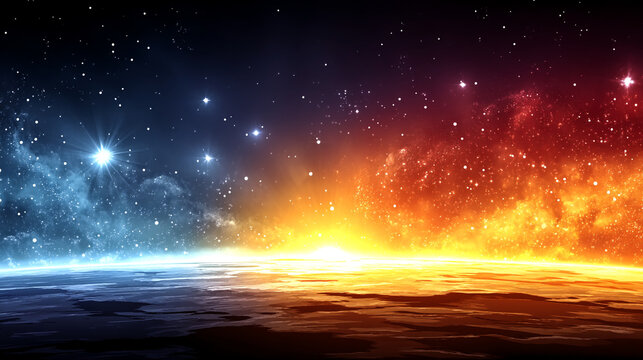 Abstract cosmic horizon with dual color light and dark night sky filled