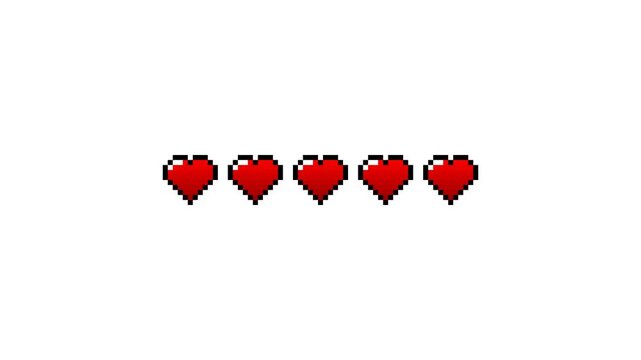 Animated pixel heart health bar filling up with red color