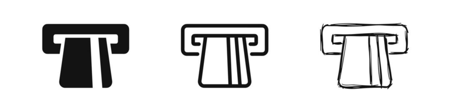 Credit card slot icon set in three styles: solid, outline, and hand-drawn sketch for payment and banking