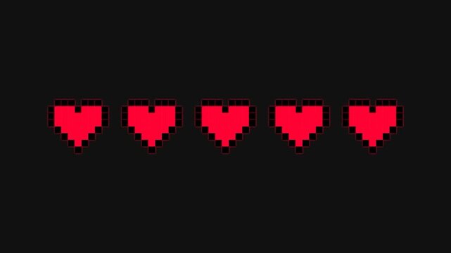 Pixel art health bar with hearts filling up on black background