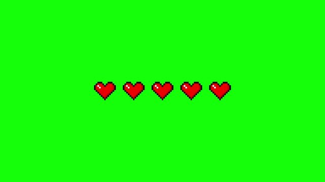 Pixel art red heart health bar loading on green screen