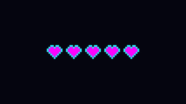 Retro pixel heart health bar loading animation on black background