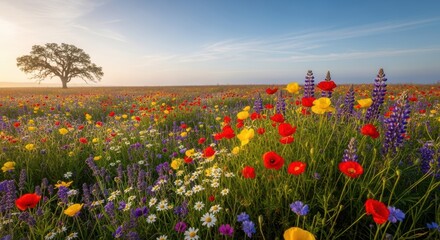 Obraz premium Vibrant wildflower meadow with red poppies, lupines, and a lone oak tree at sunrise.