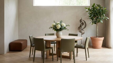 Fototapeta premium Elegant dining room with a round table, chairs, and a beautiful floral centerpiece.