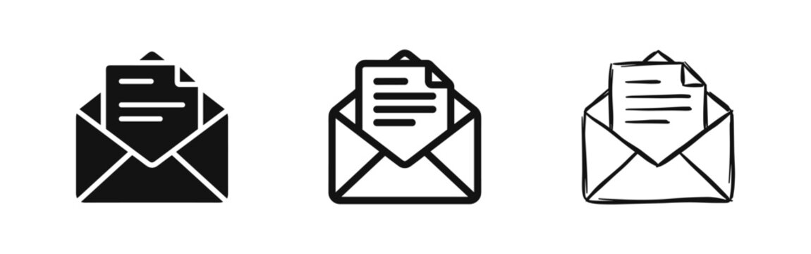 Mail message icon set with solid, outline, and hand-drawn styles. Email, letter, and document communication symbol.