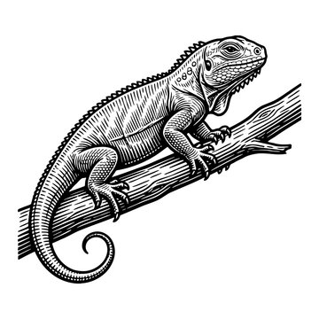 Detailed black and white illustration of a spiny lizard perched on a textured branch, perfect for nature books and educational materials