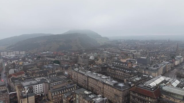 Aerial View Drone shot of Royal Mile, Edinburgh Castle, Old Town, Scott Monument, Edinburgh,  Scotland, United Kingdom