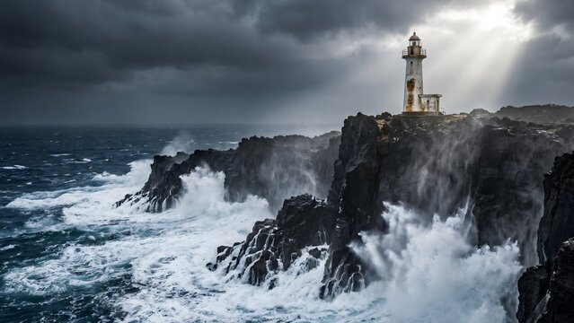 Dramatic coastal lighthouse on rugged dark cliffs under a stormy sky, crashing ocean waves with sun rays breaking through clouds