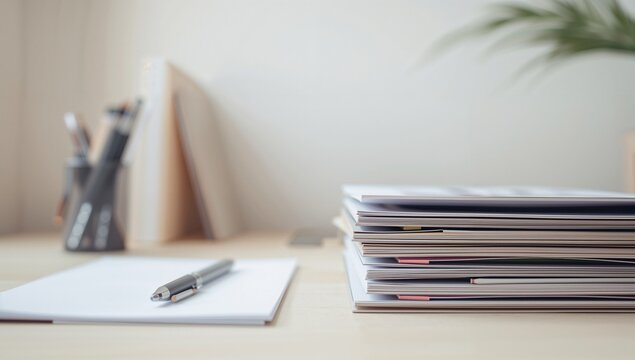 Modern office workspace with neatly arranged documents and writing tools on desk
