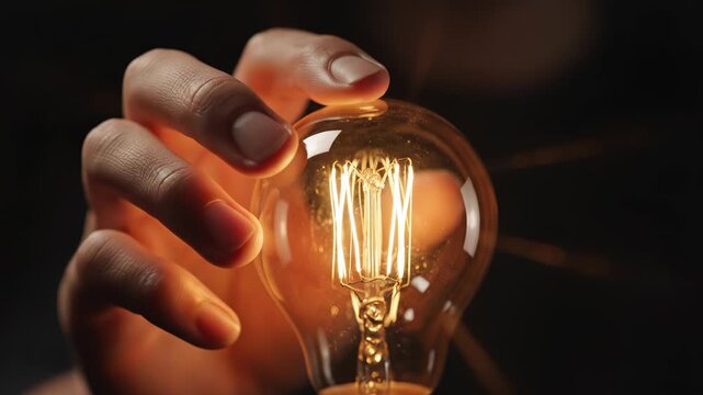 Closeup of a hand holding a glowing vintage edison light bulb against a dark background