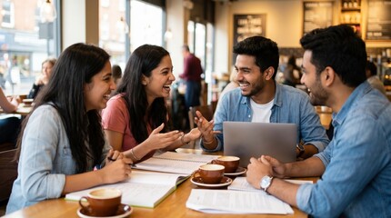 Fototapeta premium Peer-to-Peer Learning Concept: Vibrant Indian University Students Sharing Ideas Over Coffee at Campus Café