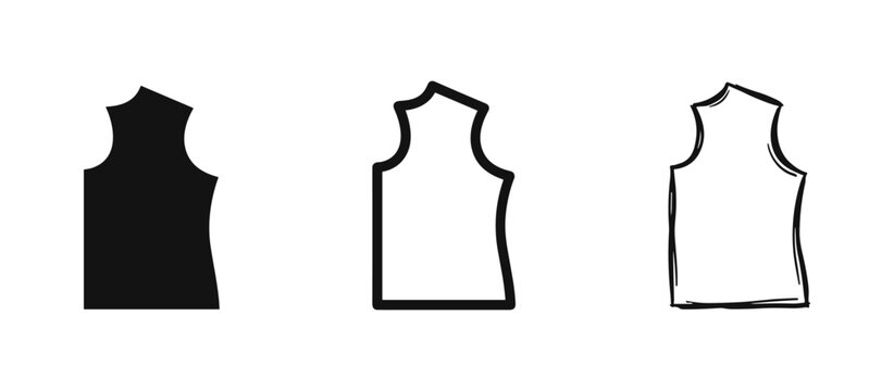 Sleeveless Shirt or Tank Top Icons Set. Solid, Outline, and Hand-Drawn Clothing Symbols.