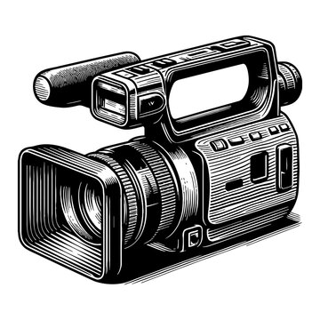 Retro video camera, detailed illustration with vintage engraving style, filmmaking and broadcast equipment