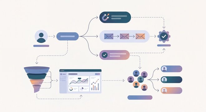 Visualizing a digital marketing funnel with lead generation email automation and customer segmentation illustrating workflow and data analysis for business growth
