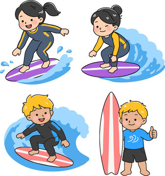 Cute surfing character on wave board and holding surfboard summer sports vector illustration