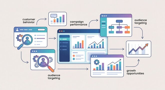 Digital marketing strategy flowchart illustrating customer behavior analysis campaign performance metrics audience targeting and growth opportunities with data visualizations