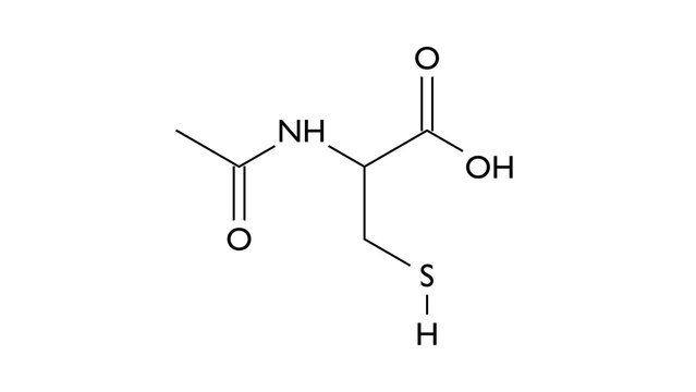 n-acetylcysteine molecule, structural chemical formula, ball-and-stick model, isolated image mucolytic agent