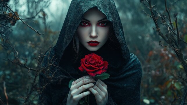 Woman in hooded cloak holding a rose