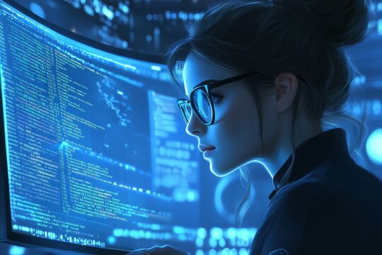 A female programmer is working on her computer, surrounded by blue light and code lines