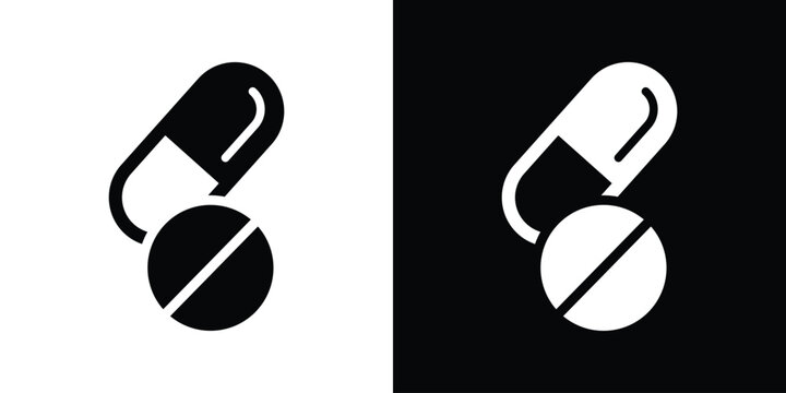 Medical capsule and pills icons set in black and white backgrounds. Minimalist flat vector design for healthcare, pharmacy, and medication themes.