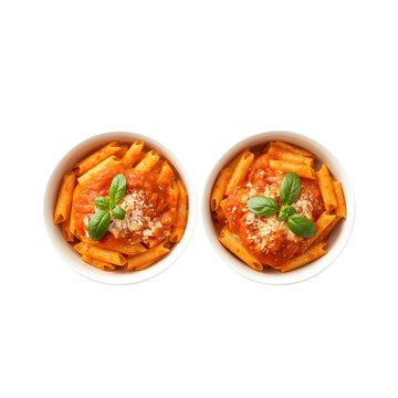 Two white bowls filled with penne pasta in tomato sauce topped with grated cheese and basil