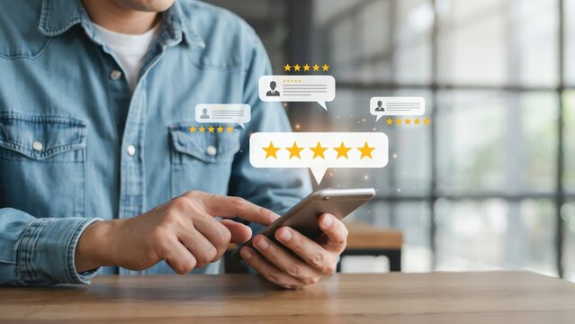 Man using smartphone to give a five star rating for customer service satisfaction