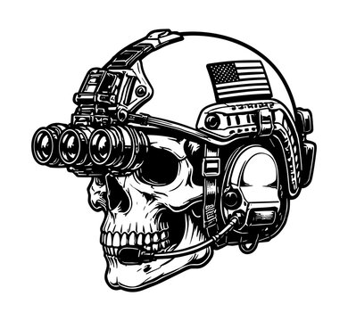 Skull wearing a tactical combat helmet with night vision goggles and communication headset serves as a stylized emblem for military gear.