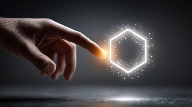A hand gently touching a glowing hexagon icon representing neural interaction and technological connection concept