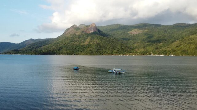 Aerial drone footage of Saco do Mamangu&aacute; highlighting Sugarloaf Peak, Paraty, Brazil