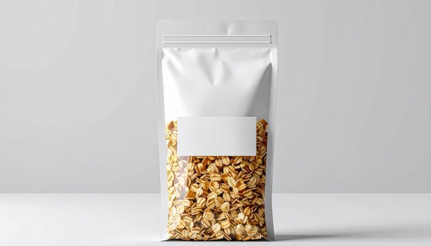 A stand-up pouch filled with popcorn on a white surface indoors