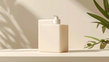 Fototapeta premium A cream-colored soap dispenser sits on a table with green leaves nearby indoors.