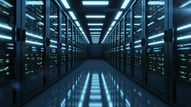Futuristic Data Center Corridor with Glowing Blue Server Racks and Reflective Floor, ideal for cybersecurity and cloud computing concepts.