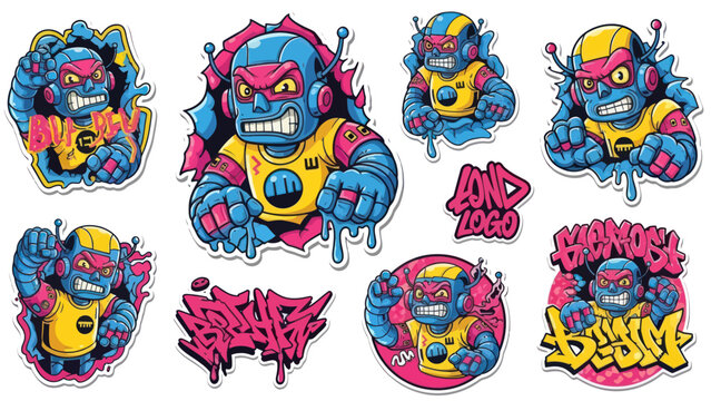 Cartoon robot character set with bold colors and graffiti elements