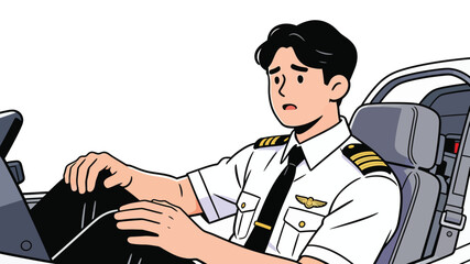 Stressed Airplane Pilot Illustration in Cockpit During Emergency © Rina