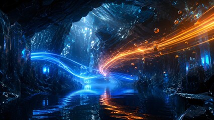 Fototapeta premium Enchanting blue and orange energy flows through a crystal cave filled with water. Suitable for fantasy novel covers meditation backgrounds and magical game environments.